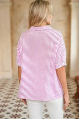 Sachet Pink Striped Dolman Sleeve Color Neckline Blouse | Femstylo - Femstylo