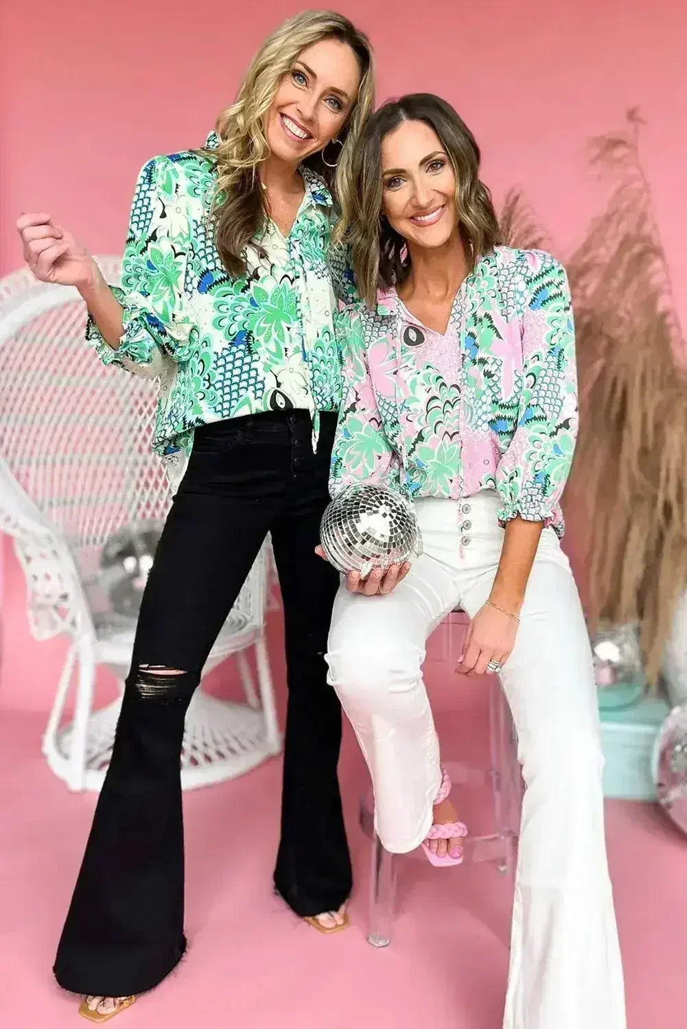 Green Floral V-Neck Blouse – Tied Detail & Loose Fit | Feminine Style - Femstylo