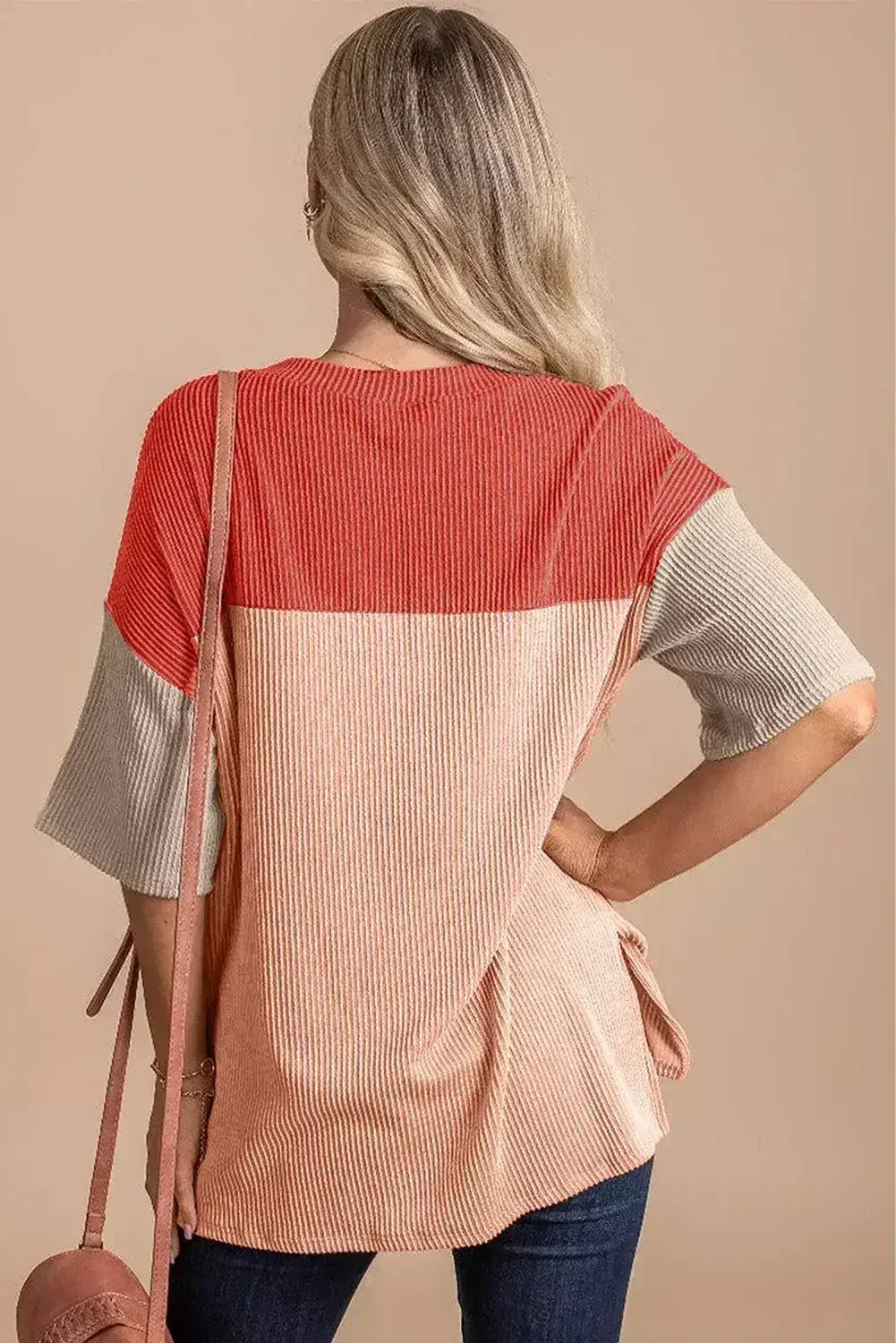 Black Color Block Ribbed Side Slits Half Sleeve Top - Femstylo