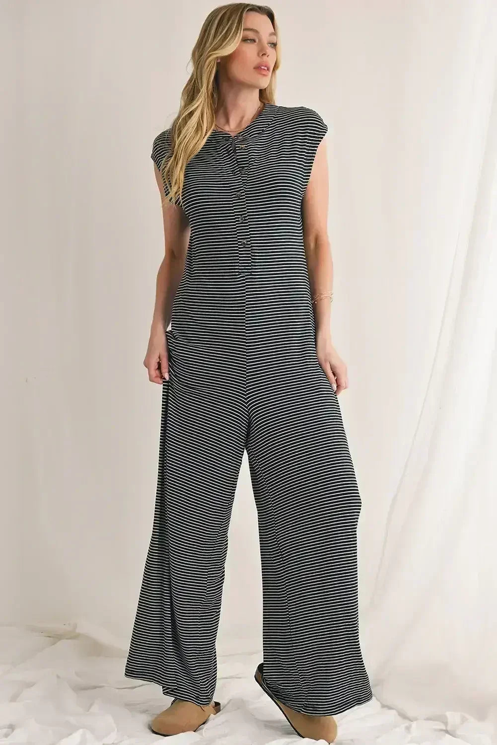 Black White Striped Button Sleeveless Jumpsuit - Femstylo