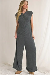 Black White Striped Button Sleeveless Jumpsuit - Femstylo