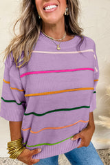 White Striped Half Sleeve Drop Shoulder Sweater - Femstylo