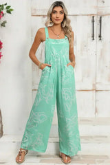 Moonlight Jade Abstract Print Wide Leg Bib Overall - Femstylo