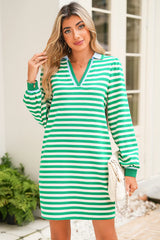 Green Pop of Color V Neck Striped Long Sleeve Mini Dress