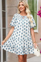 Sky Blue Floral Print Puff Sleeve Tiered Mini Dress - Femstylo