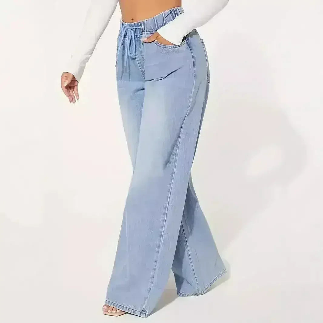 25 Edition – High Waist Drawstring Wide Leg Jeans – Light Blue - Femstylo