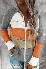 Womens Zipped Front Gray Colorblock Hollow-out Knit Hoodie - Femstylo