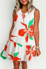 Red Floral Print Tie Front Ruffle Hem Mini Dress