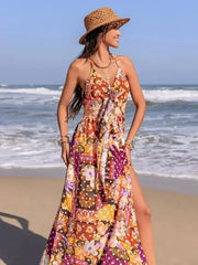 Slit Printed Halter Neck Cami Dress - Femstylo