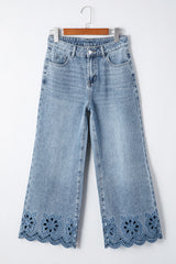 Dusk Blue Embroidered Cropped Wide Leg High Waist Jeans