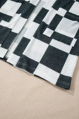 Black Checkered Waffle Knit Thumbhole Open Front Cardigan - Femstylo