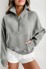 Brown Fleece Lined Zip Up Stand Collar Thumbhole Sleeve Sweatshirt - Femstylo