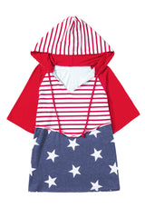 Fiery Red Stars and Stripes Print Drawstring Hooded T Shirt