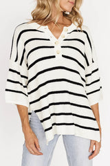 White Stripe Drop Shoulder Bracelet Sleeve Henley Knit Tee