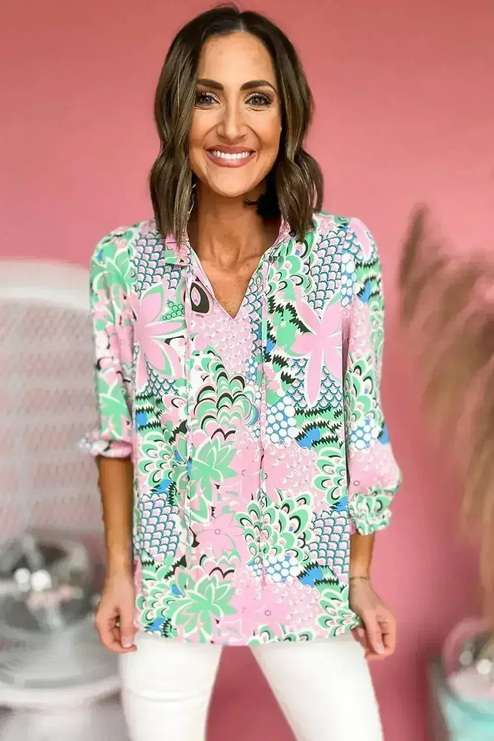 Green Floral V-Neck Blouse – Tied Detail & Loose Fit | Feminine Style - Femstylo