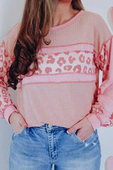 Pink Leopard Patchwork Waffle Top - Edgy Knitwear | Femstylo - Femstylo