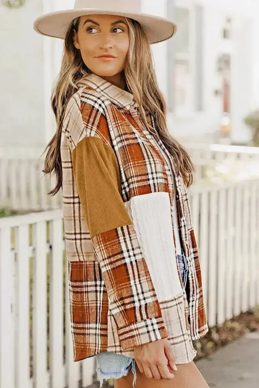 Plaid Color Block Patchwork Shirt Jacket with Pocket - Femstylo