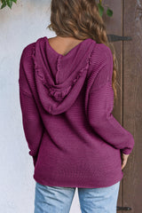 Purple Split V Neck Pullover Hooded Sweater