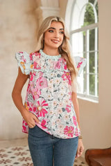 Pink Floral Print Ruffle Trim Pleated Boho Blouse | Femstylo - Femstylo