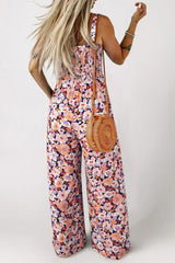 Purple Floral Square Neckline Stretch High Waist Jumpsuit - Femstylo
