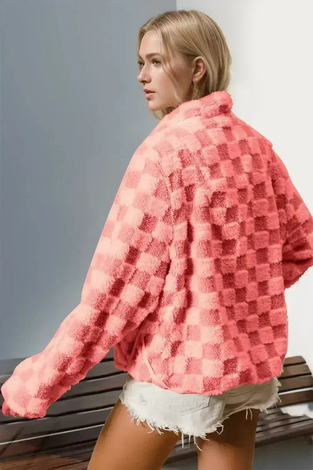 Double Take Checkered Long Sleeve Fuzzy Jacket - Femstylo