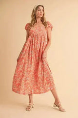 Aemi + Co Cutout Back Floral Square Neck Puff Sleeve Midi Dress - Femstylo