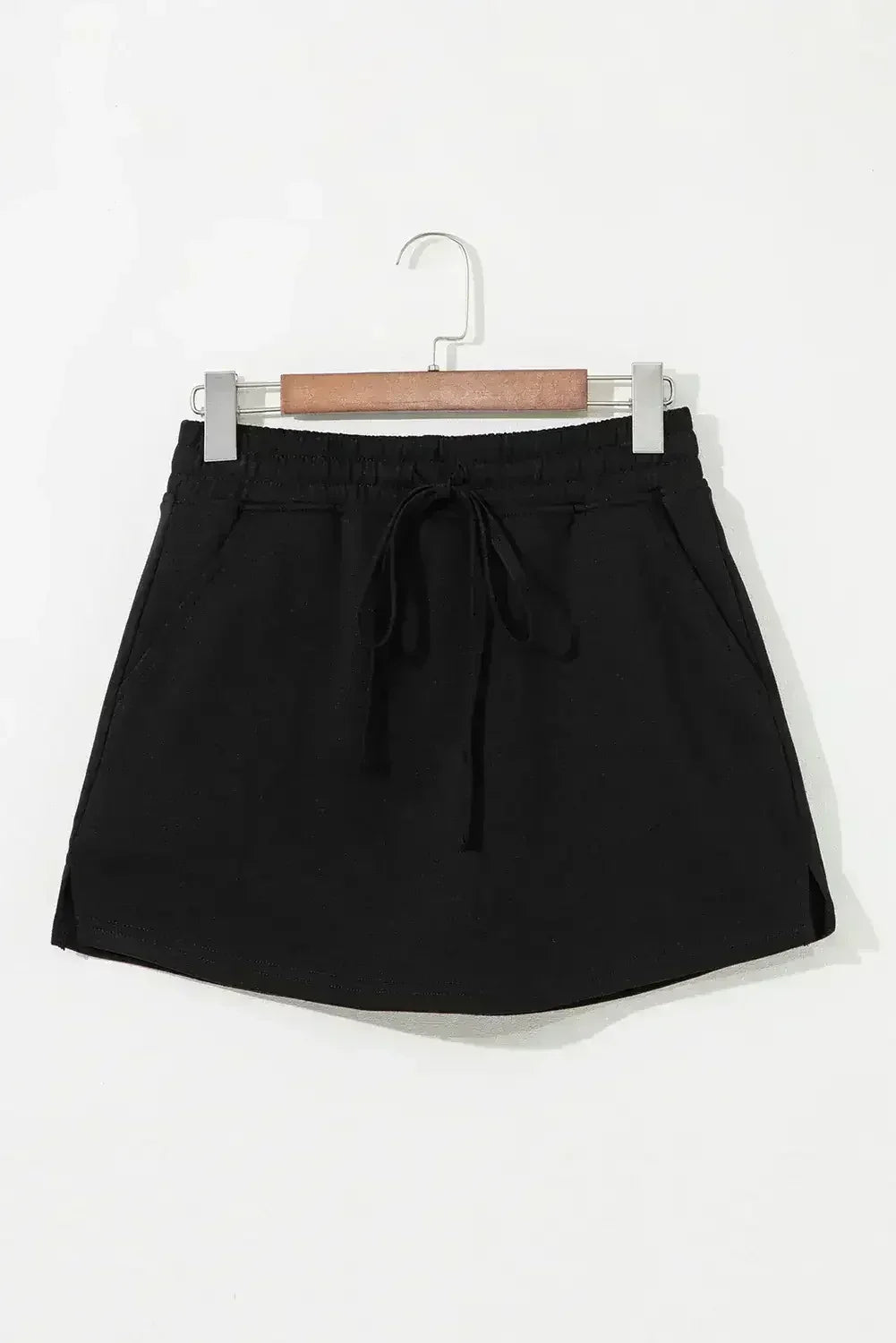 Black French Terry Drawstring Mini Skort with Pockets - Femstylo