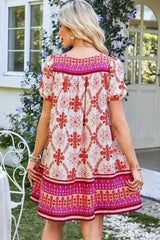 Rose Boho Floral Short Sleeve Tie V Neck Mini Dress - Femstylo