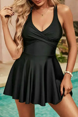 Black Criss Cross Straps Tie Back Flared One Piece Swimsuit - Femstylo