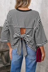 Black Stripe Bowknot Backless T-Shirt - Femstylo