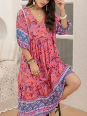 Printed Puff Sleeve Midi Dress - Femstylo