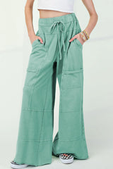 Black Mineral Wash Exposed Seam Wide Leg Cargo Pants