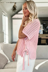 Pink Side Tie Hollow-out Crochet Knit Top