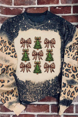 Black Leopard Bow Christmas Tree Heat Transfer Printing Tie Dye Bleached Baggy Sweatshirt