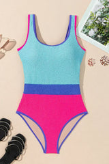 Rose Red Textured Colorblock One Piece Swimsuit - Femstylo