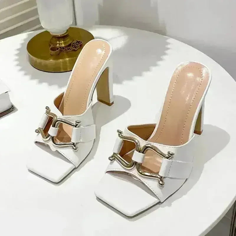 Summer New High-Heeled Women's Shoes Square Head Square Flat With Meta - Femstylo