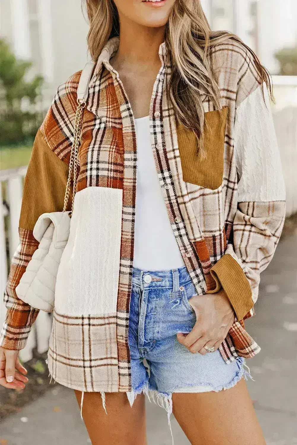 Plaid Color Block Patchwork Shirt Jacket with Pocket - Femstylo