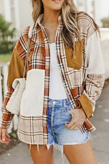 Plaid Color Block Patchwork Shirt Jacket with Pocket - Femstylo