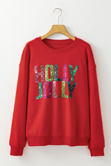 Red HOLLY JOLLY Heat Transfer Printing Graphic Christmas Pullover Sweatshirt