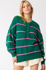 Green Striped Half Button Drop Shoulder Oversized Sweater