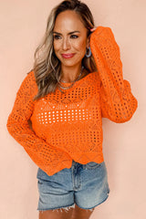 Carrot Solid Color Crochet Scallop Edge Sweater