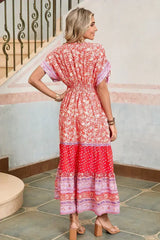 Red Boho Floral Tassel Tie Sleeve Maxi Dress - Femstylo