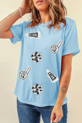 Light Blue Cheer Game Day Element Sequin Patched T Shirt