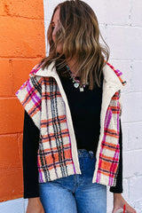 Rose Sherpa Plaid Jacket Vest | Polyester Collared Vest - Femstylo
