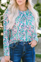 Green Floral Pleated Blouse - Relaxed Long Sleeve Top | Femstylo - Femstylo