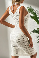 White Eyelet Crochet Sleeveless V Neck Beach Dress - Femstylo