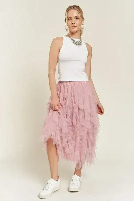 LAYERED POLKA DOT MESH LINED A-LINE MIDI SKIRT - Femstylo