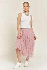 LAYERED POLKA DOT MESH LINED A-LINE MIDI SKIRT - Femstylo