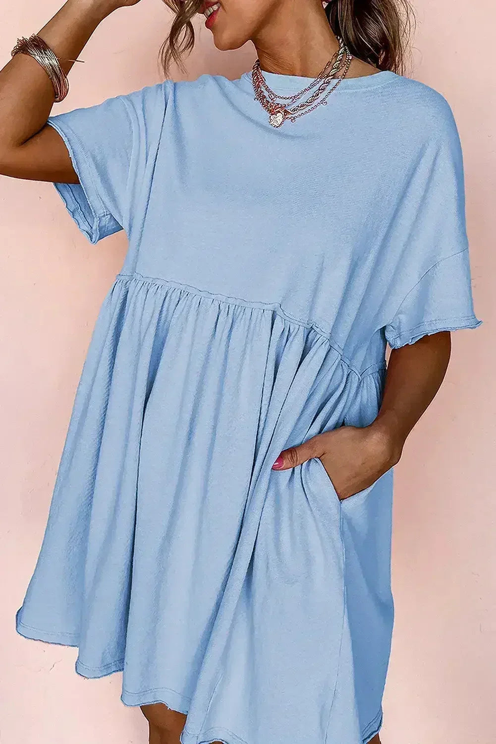 Sky Blue Solid Color Pocket Raw Edge Babydoll Dress - Femstylo
