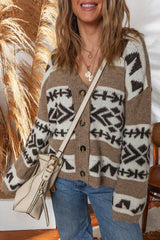 Dark Khaki Ethnic Geometric Pattern Button Front V Neck Cardigan